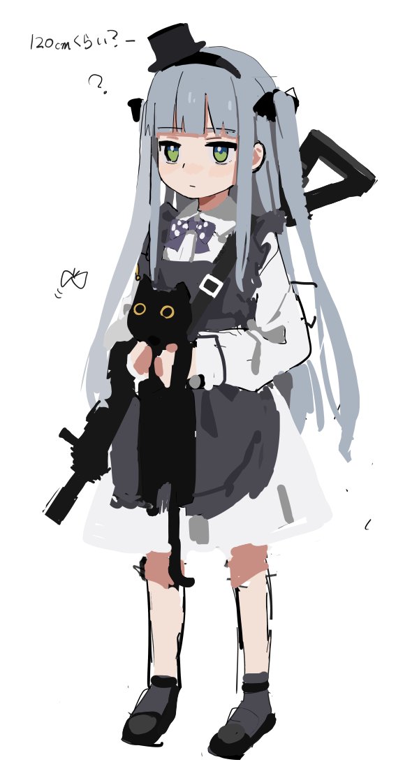 1girl ? alternate_costume animal apron assault_rifle bandaid bandaid_on_knee bangs black_apron black_bow black_cat black_footwear blunt_bangs blush bow bowtie bug butterfly cat checkered checkered_neckwear closed_mouth commentary_request dress girls_frontline green_eyes grey_legwear gun h&amp;k_hk416 hair_bow hair_ornament hair_ribbon hat hk416_(girls_frontline) holding holding_animal holding_cat insect long_hair long_sleeves mini_hat over_shoulder ribbon rifle shadow sidelocks silver_hair simple_background sketch socks sparkle standing tattoo translation_request two_side_up weapon weapon_over_shoulder white_background white_dress work_in_progress younger yuki_hotaru