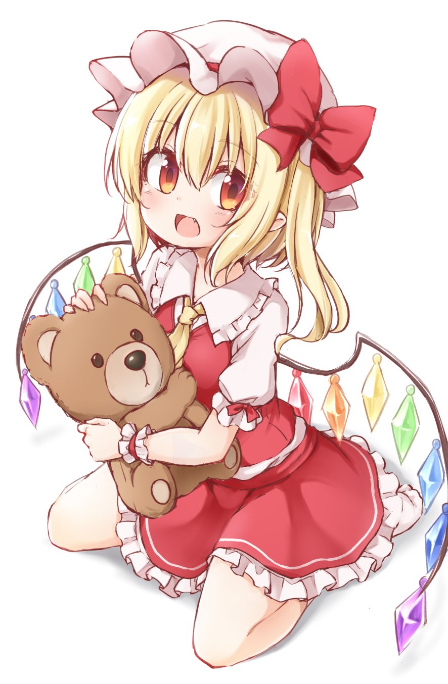 1girl :d ascot blonde_hair blush bow commentary_request crystal eyebrows_visible_through_hair fang flandre_scarlet flat_chest frilled_shirt_collar frills from_above full_body hair_between_eyes happy hat hat_bow highres holding holding_stuffed_toy looking_at_viewer mob_cap one_side_up open_mouth petticoat puffy_sleeves red_bow red_eyes red_ribbon red_skirt red_vest ribbon short_hair simple_background sitting skirt skirt_set smile socks solo stuffed_animal stuffed_toy suwa_yasai teddy_bear touhou vest wariza white_background white_footwear white_headwear wings wrist_cuffs yellow_neckwear