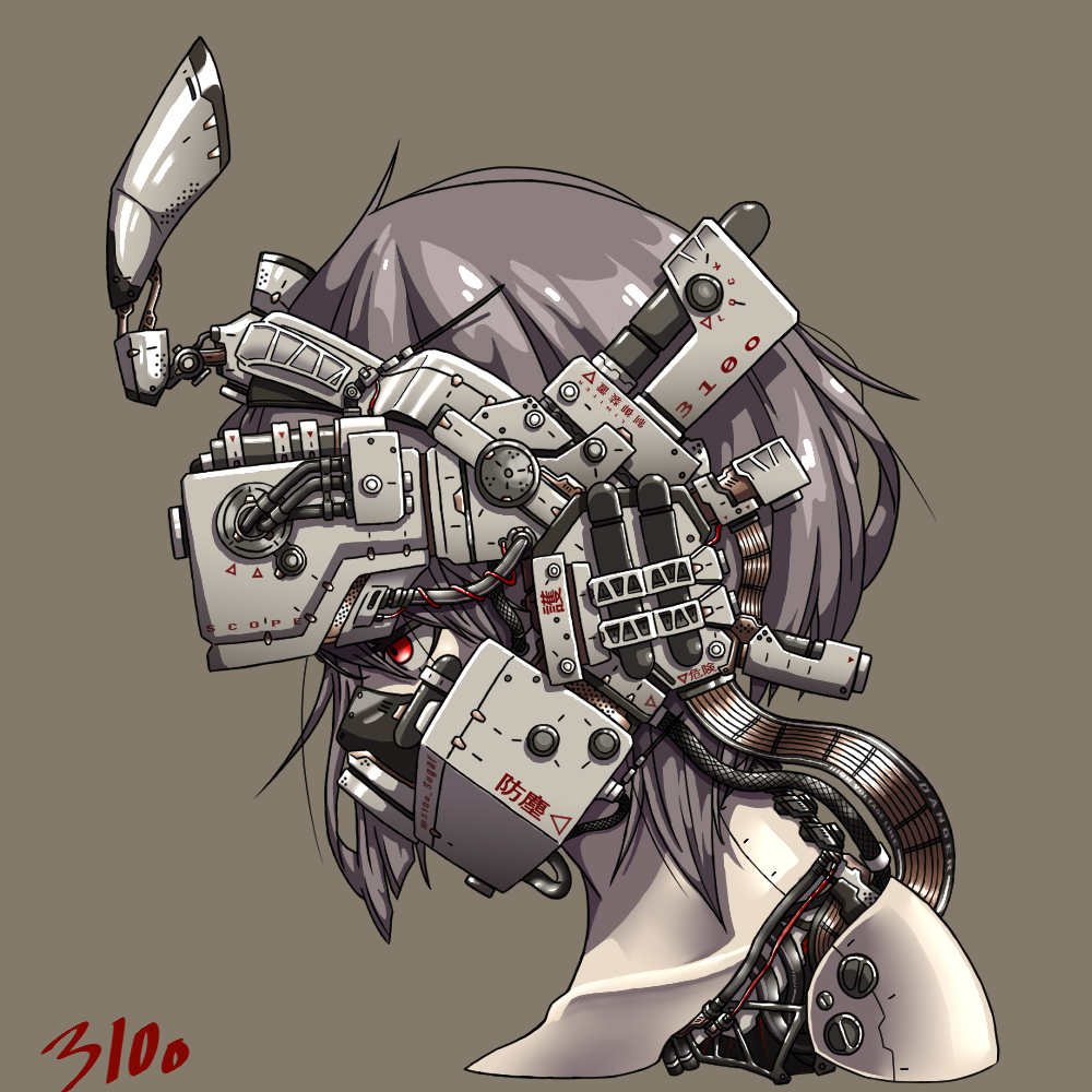 1girl 310o_sugar android beige_background brown_hair cable collarbone gas_mask head_mounted_display joints mechanical_parts original red_eyes robot_joints short_hair signature solo tube visor_lift