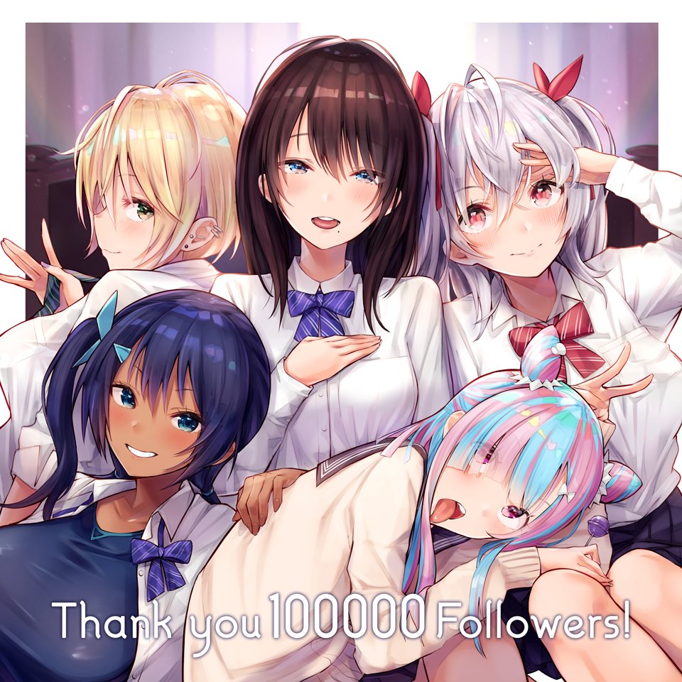 5girls bangs blonde_hair blue_eyes blue_hair blush border bow bowtie breast_pocket breasts brown_hair candy closed_mouth collarbone competition_swimsuit dark_skin dark-skinned_female dress_shirt ear_piercing english_text eyebrows_visible_through_hair eyes_visible_through_hair food green_eyes hair_between_eyes hair_ornament hair_ribbon hairclip hand_in_hair hand_on_another's_back hand_on_own_chest holding holding_candy holding_food holding_lollipop knees_up large_breasts lollipop long_hair long_sleeves looking_at_viewer mappaninatta medium_breasts mole mole_under_mouth multicolored_hair multiple_girls one-piece_swimsuit one_side_up open_clothes open_mouth open_shirt original outside_border piercing pink_hair pleated_skirt pocket profile purple_bow purple_neckwear red_bow red_eyes red_neckwear red_ribbon ribbon round_teeth school_uniform shiny shiny_hair shirt short_hair silver_hair sitting skirt sleeves_folded_up smile sweater swimsuit swimsuit_under_clothes teeth tongue tongue_out twintails two-tone_hair unbuttoned unbuttoned_shirt upper_teeth v violet_eyes white_border white_shirt wing_collar