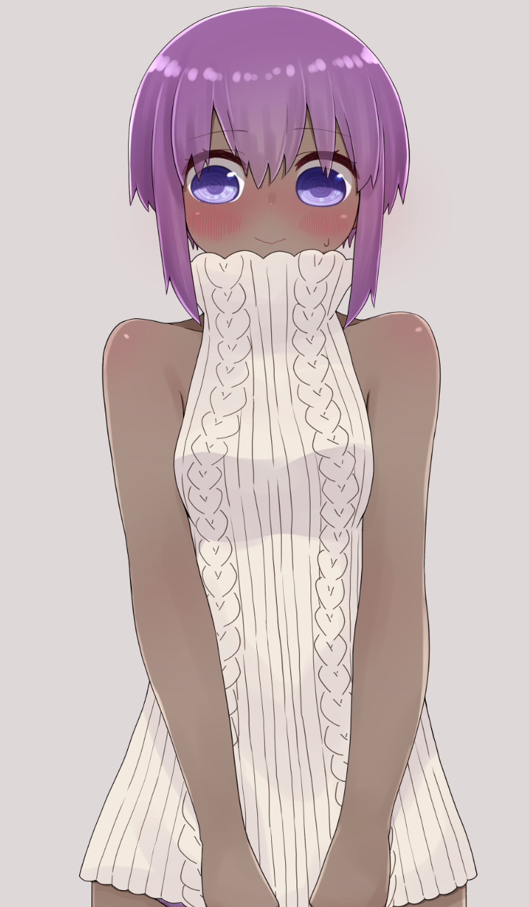 1girl aran_sweater bangs bare_arms bare_shoulders blush closed_mouth dark_skin eyebrows_visible_through_hair fate/prototype fate/prototype:_fragments_of_blue_and_silver fate_(series) grey_background hair_between_eyes hassan_of_serenity_(fate) highres i.u.y purple_hair ribbed_sweater simple_background sleeveless sleeveless_sweater sleeveless_turtleneck smile solo sweat sweater turtleneck turtleneck_sweater upper_body violet_eyes white_sweater