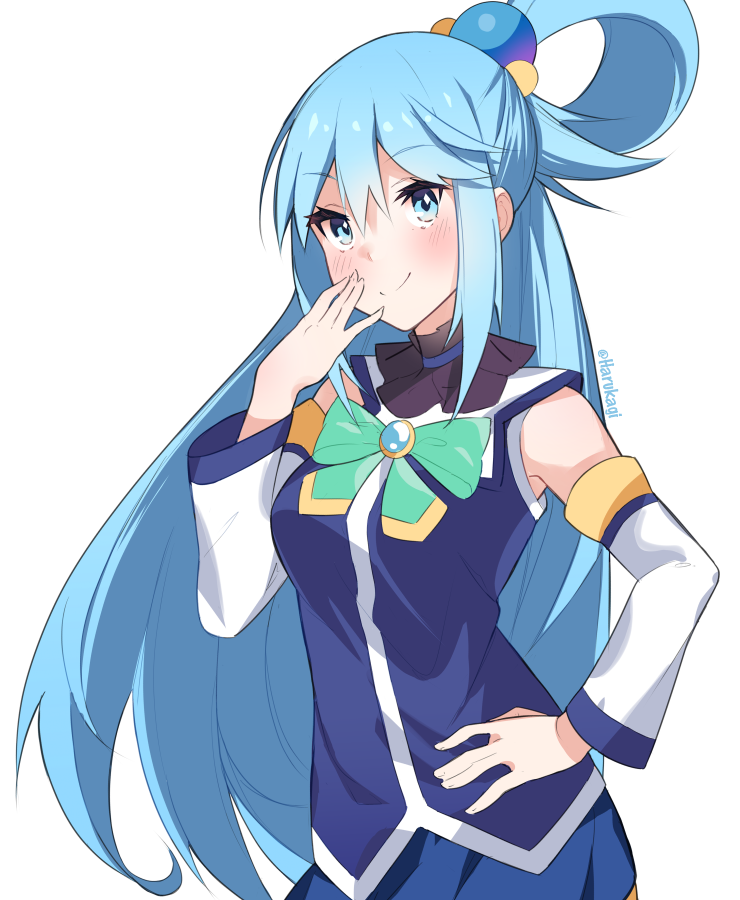 1girl aqua_(konosuba) bangs bare_shoulders blue_eyes blue_hair blue_shirt blue_skirt blush bow bowtie breasts closed_mouth commentary_request cowboy_shot detached_sleeves green_bow green_neckwear hair_between_eyes hair_bobbles hair_ornament hair_rings hand_on_hip hand_on_own_face hand_to_own_mouth hand_up harukagi kono_subarashii_sekai_ni_shukufuku_wo! long_hair long_sleeves looking_at_viewer medium_breasts shirt simple_background skirt sleeveless smile smug solo very_long_hair white_background