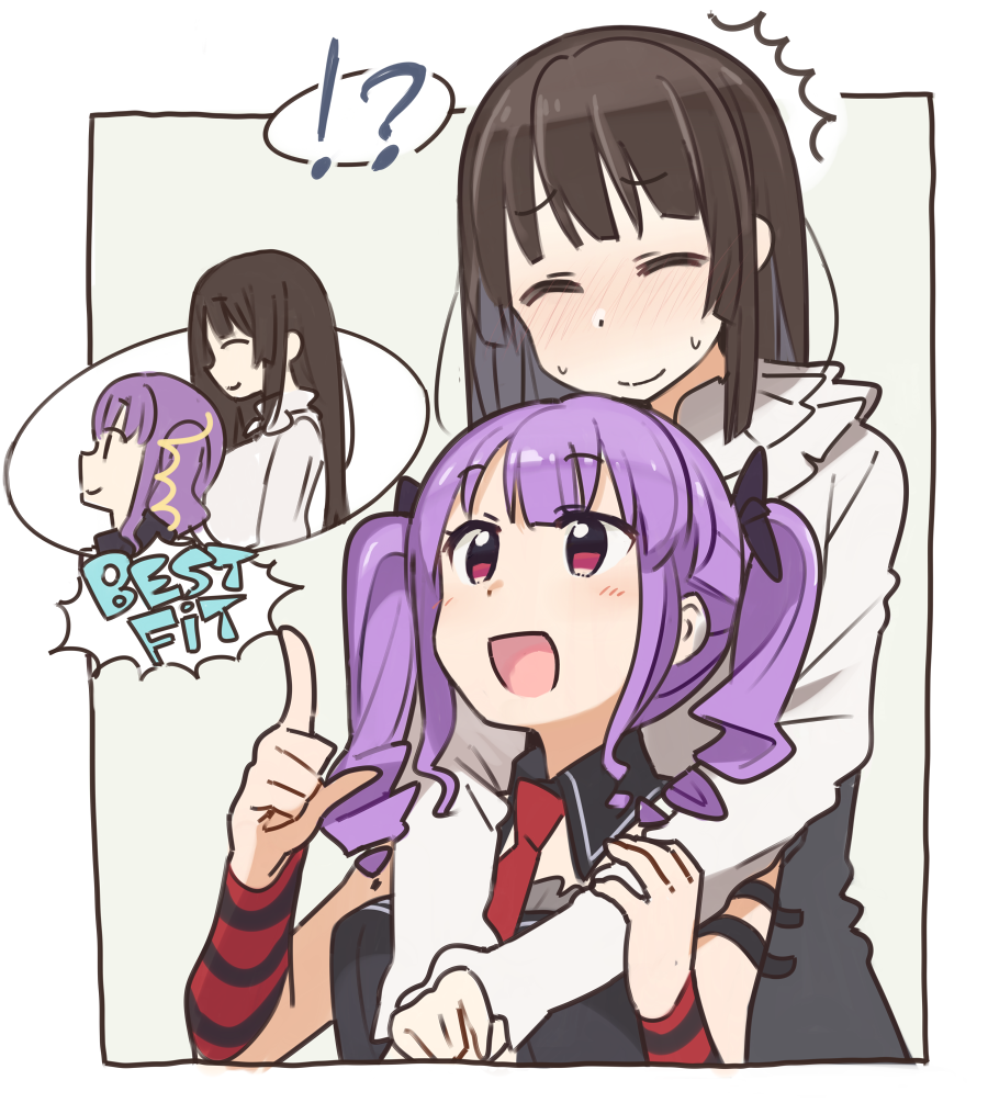 !? 2girls bang_dream! bangs black_hair blush breast_pillow closed_eyes drill_hair english_text facing_another kasa_list long_hair long_sleeves multiple_girls open_mouth pointing pointing_up purple_hair shirokane_rinko smile spoken_interrobang sweat twin_drills udagawa_ako