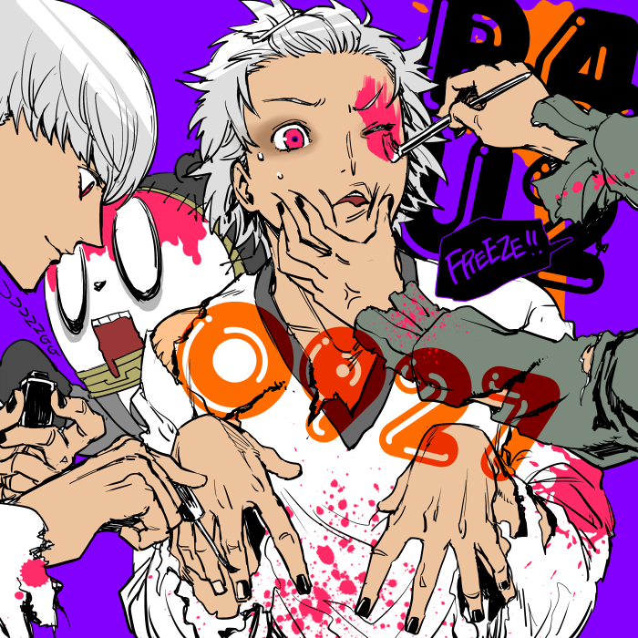 2boys applying_makeup black_nails hair_up halloween hanamura_yousuke kuma_(persona_4) makeup male_focus multiple_boys nail_polish narukami_yuu paintbrush persona persona_4 pink_blood pink_eyes saitou_rokuro satonaka_chie white_hair wince