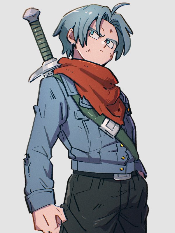 1boy belt black_pants blue_eyes blue_hair blue_jacket buttons closed_mouth dragon_ball dragon_ball_super grey_background jacket kemachiku male_focus pants simple_background solo sword sword_on_back trunks_(dragon_ball) trunks_(future)_(dragon_ball) upper_body weapon weapon_on_back