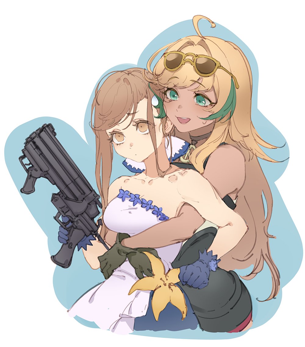 2girls :d ahoge bangs bare_shoulders blonde_hair blue_background blue_gloves brown_eyes brown_hair character_request choker closed_mouth commentary dark_skin defender_(girls_frontline) dress english_commentary eyewear_on_head flower girls_frontline gloves green_hair grey_choker grey_gloves gun hair_between_eyes holding holding_gun holding_weapon hug hug_from_behind long_hair looking_at_another looking_up multicolored_hair multiple_girls open_mouth sidelocks sleeveless smile streaked_hair sunglasses two-tone_background two-tone_hair upper_body weapon white_background white_dress yellow_flower zzzearly