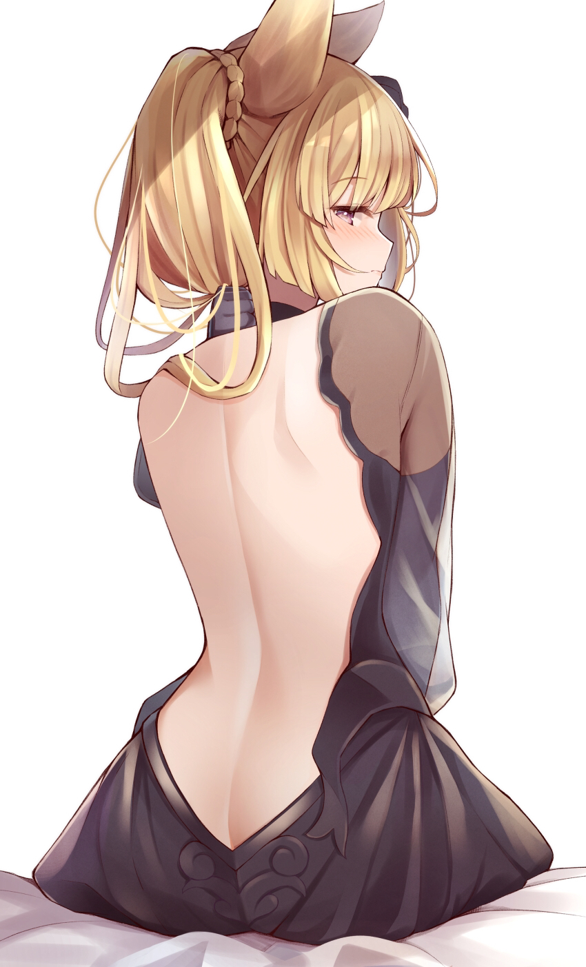 1girl animal_ears ass back backless_dress backless_outfit bare_back bed_sheet black_dress blonde_hair butt_crack closed_mouth dress erune from_behind granblue_fantasy highres keima_ron long_hair looking_at_viewer looking_back nipples ponytail see-through simple_background sitting solo violet_eyes white_background yuisis_(granblue_fantasy)