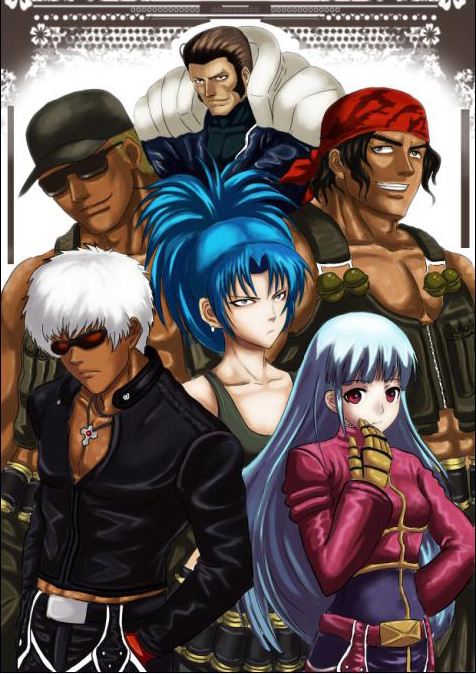 1359165056 2girls 4boys blue_hair bodysuit clark_still cross crucifix dark_skin dark_skinned_male hand_in_pocket k' kula_diamond leona_heidern long_hair maxima multiple_boys multiple_girls ponytail ralf_jones red_eyes sideburns sunglasses the_king_of_fighters white_hair