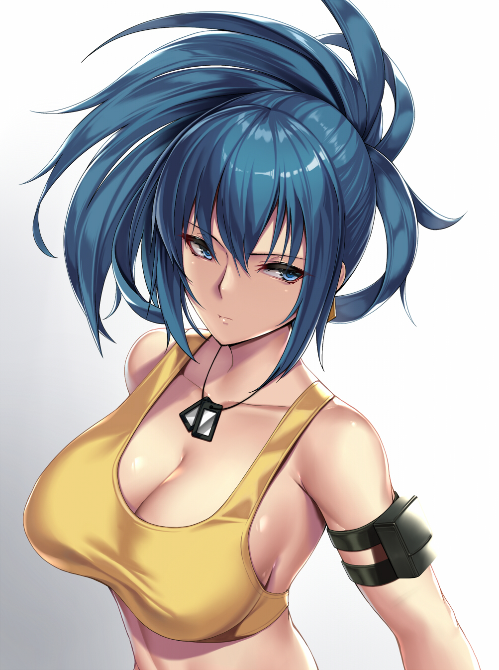 1girl arm_pouch bangs bare_shoulders blue_eyes blue_hair breasts closed_mouth collarbone dog_tags from_above high_ponytail highres large_breasts leona_heidern long_hair looking_at_viewer looking_up ponytail pouch serious solo sports_bra takanashi-a tank_top the_king_of_fighters the_king_of_fighters_xiv upper_body yellow_tank_top