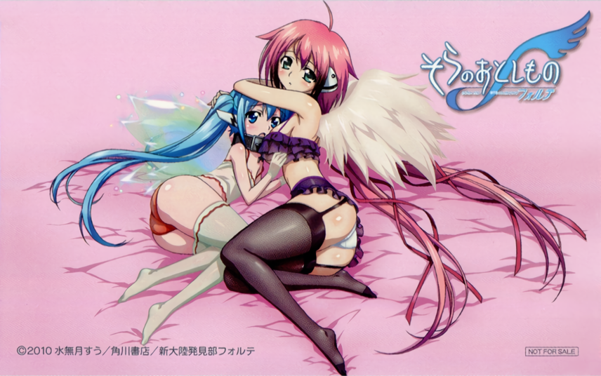 2010 2girls ahoge aqua_eyes arm_on_head ass astraea bed_sheet black_legwear blonde_hair blue_eyes blush breasts camisole copyright dated feathered_wings flat_chest garter_straps hair_ribbon ikaros large_breasts logo long_hair lying multiple_girls not_for_sale official_art on_side open_mouth panties pink_hair pointy_ears red_panties ribbon robot_ears sora_no_otoshimono thigh-highs underwear underwear_only very_long_hair white_legwear white_panties white_wings wings
