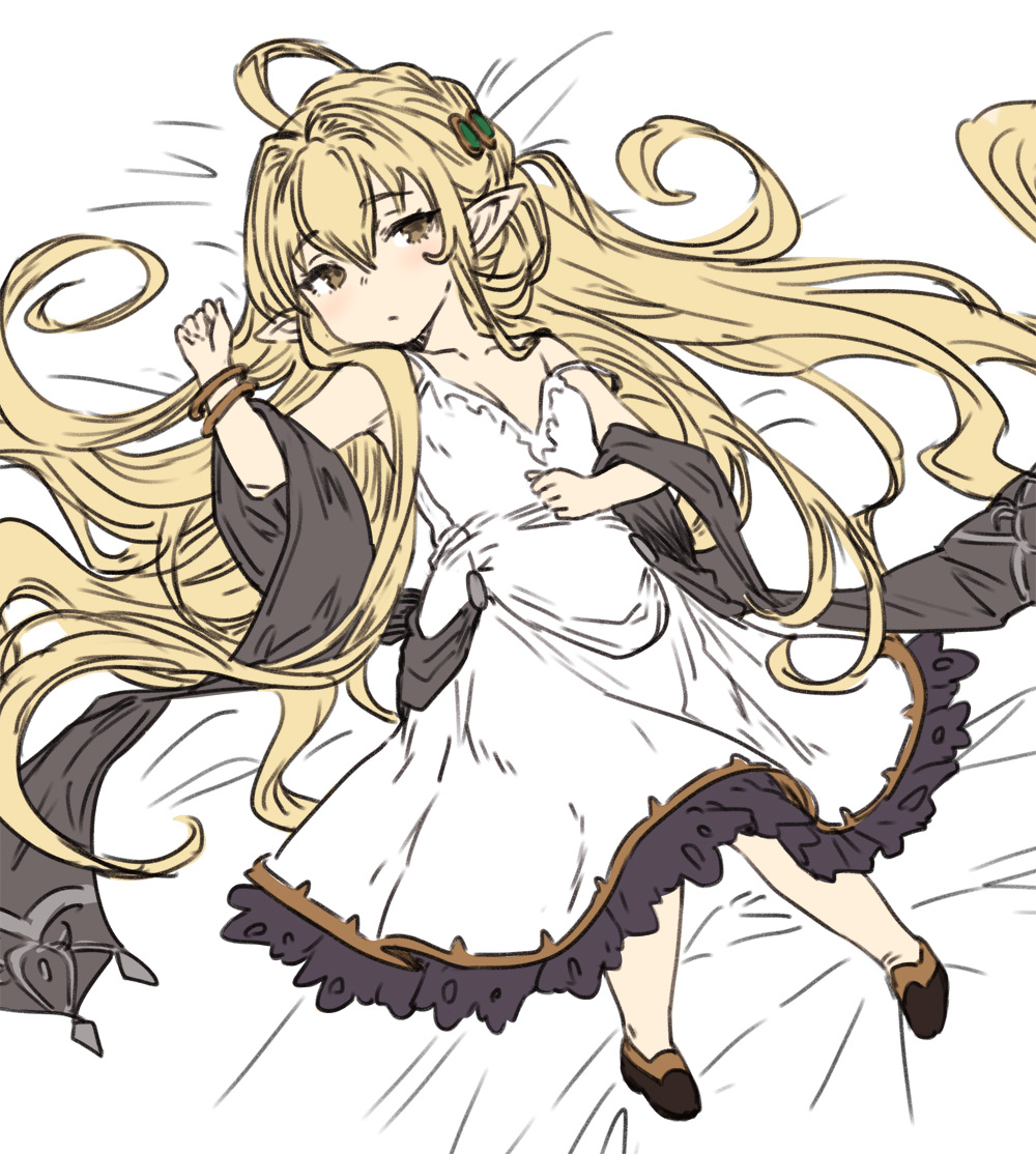 1girl ahoge bangs bed_sheet blonde_hair brown_eyes dress eyebrows_visible_through_hair full_body granblue_fantasy hair_between_eyes hair_ornament hair_spread_out hand_on_own_stomach harvin houtengeki long_hair looking_at_viewer lying melissabelle on_back pointy_ears solo spaghetti_strap strap_slip very_long_hair white_dress