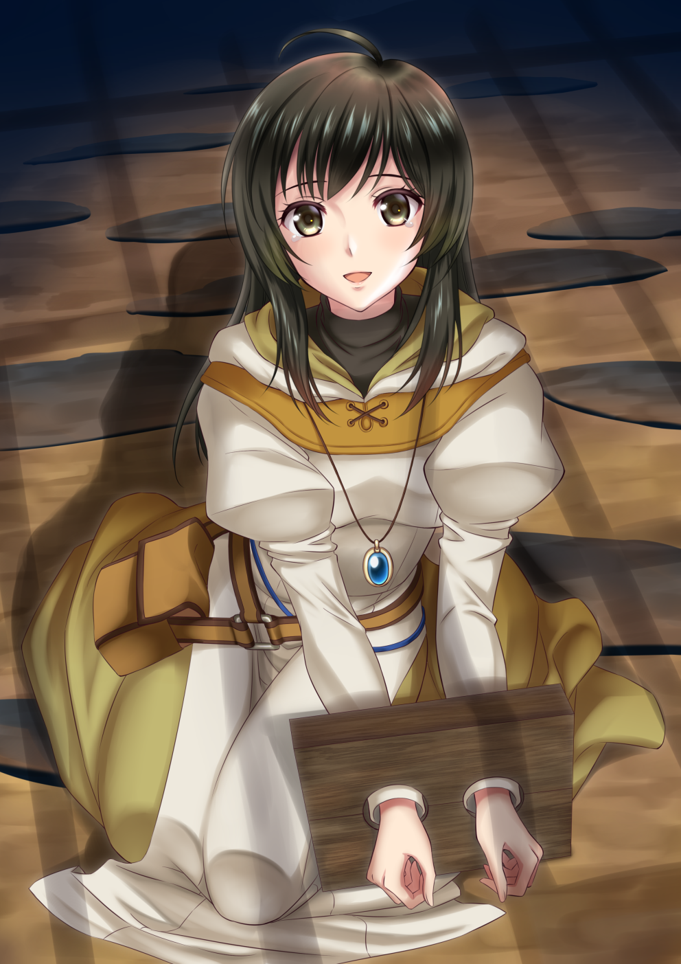 1girl alternate_hairstyle bag belt black_hair bound bound_wrists dress dungeon eyebrows_visible_through_hair fire_emblem fire_emblem:_radiant_dawn highres jewelry kakiko210 kneeling laura_(fire_emblem) long_hair long_sleeves looking_at_viewer necklace on_floor open_mouth restrained shadow smile solo stone_floor teardrop tears turtleneck