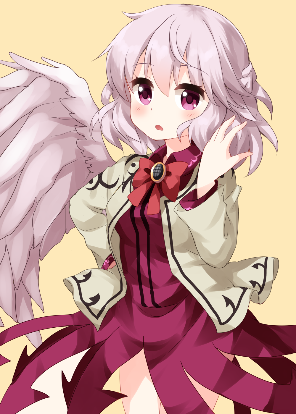 1girl bangs bow bowtie braid cowboy_shot dress eyebrows_visible_through_hair french_braid grey_jacket hair_between_eyes hand_on_hip highres jacket kishin_sagume long_sleeves looking_at_viewer medium_hair open_mouth purple_dress red_bow red_neckwear ruu_(tksymkw) silver_hair silver_wings simple_background single_wing solo standing touhou violet_eyes wings yellow_background