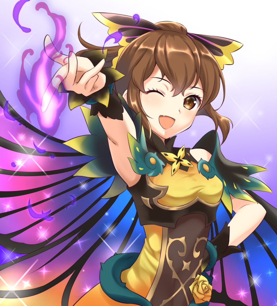 1girl armpits aura bare_shoulders bow brown_eyes brown_hair butterfly_wings delthea_(fire_emblem) fang fire_emblem fire_emblem_echoes:_shadows_of_valentia fire_emblem_heroes flower hair_bow hand_on_hip kakiko210 long_hair magic one_eye_closed outstretched_arm ponytail rose solo thorns upper_body wings