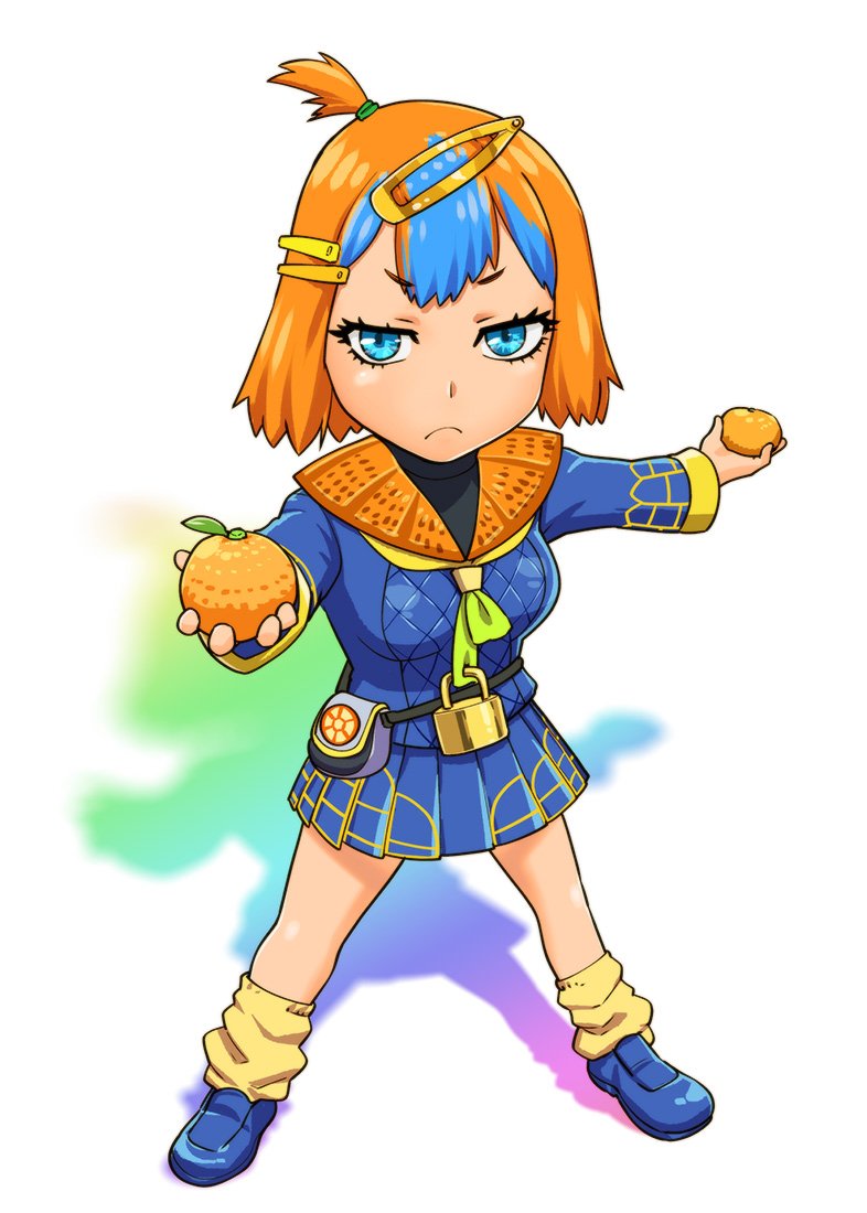 1girl blue_eyes breasts closed_mouth food fruit genderswap genderswap_(mtf) hair_ornament hairclip holding kamen_rider kamen_rider_gaim kamen_rider_gaim_(series) looking_at_viewer multicolored_hair orange orange_hair rider-tan school_uniform short_hair skirt solo ueyama_michirou