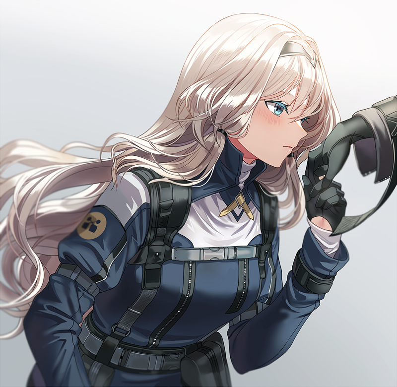 1girl an-94_(girls_frontline) bangs black_gloves blue_eyes blush closed_mouth duplicate from_side girls_frontline gloves grey_background hair_between_eyes hairband holding_another's_arm long_hair low_tied_hair platinum_blonde_hair pouch profile silence_girl strap tactical_clothes