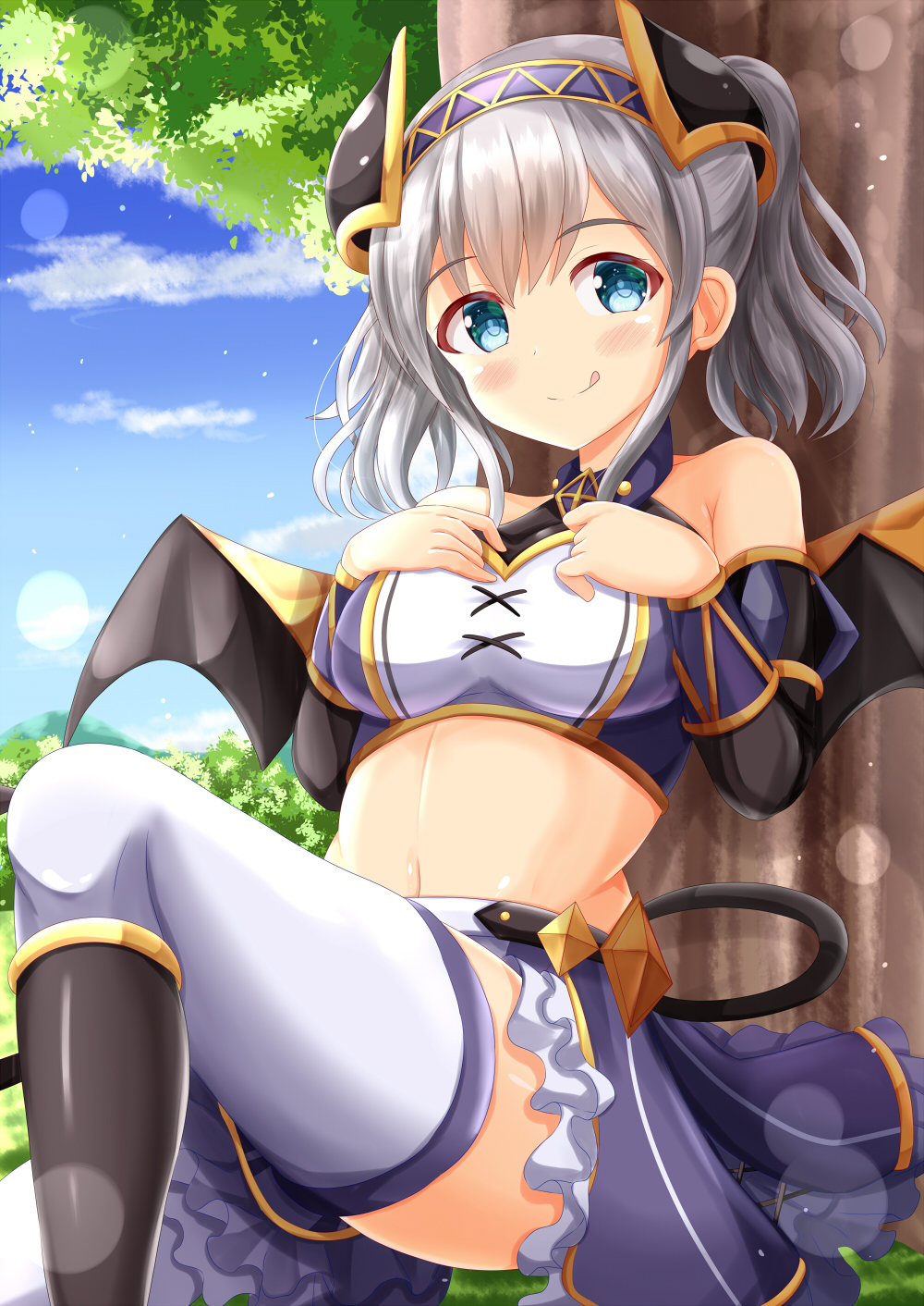 1girl :q akari_(princess_connect!) bangs black_footwear blue_eyes blue_skirt blush boots breasts closed_mouth commentary_request crop_top curled_horns day demon_girl demon_horns demon_tail demon_wings eyebrows_visible_through_hair frilled_skirt frills grey_hair hair_between_eyes hairband hands_up highres horns knee_boots medium_breasts midriff navel outdoors princess_connect! princess_connect!_re:dive purple_hairband skirt smile solo tail thigh-highs tongue tongue_out tree twintails white_legwear wings zenon_(for_achieve)
