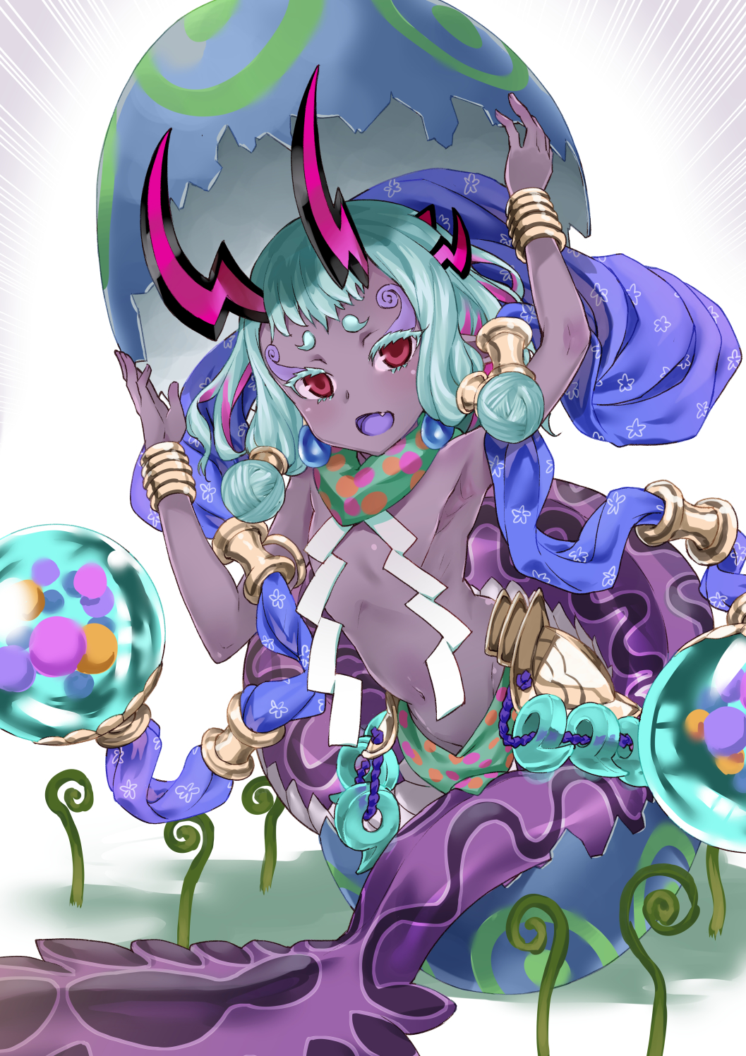 1girl :d aqua_hair armpits boshi_(a-ieba) bracelet broken_egg colored_skin eyeliner fang fate/grand_order fate_(series) flat_chest highres hikimayu horns ibuki_douji_(fate) jewelry long_hair looking_at_viewer makeup navel open_mouth purple_skin red_eyes smile snake_tail solo tail