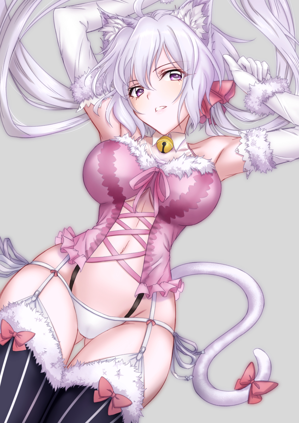 1girl animal_ear_fluff animal_ears arms_up ass_visible_through_thighs axia-chan bell bell_collar bow breasts cat_ears cat_tail collar garter_straps grey_background halloween highres large_breasts looking_at_viewer panties pink_bow senki_zesshou_symphogear silver_hair solo tail tail_bow tail_ornament thigh-highs thighs underwear violet_eyes white_panties yukine_chris