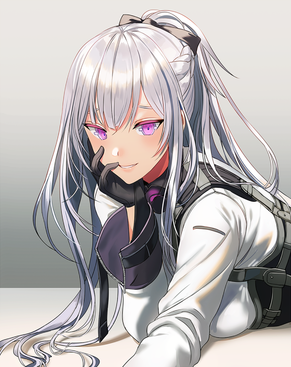 1girl ak-12_(girls_frontline) artificial_eye black_gloves braid breasts duplicate eyebrows_visible_through_hair french_braid girls_frontline gloves grey_background hair_ribbon hand_on_own_face long_hair looking_at_viewer lying mechanical_eye medium_breasts on_stomach parted_lips ponytail ribbon silence_girl silver_hair smile solo violet_eyes
