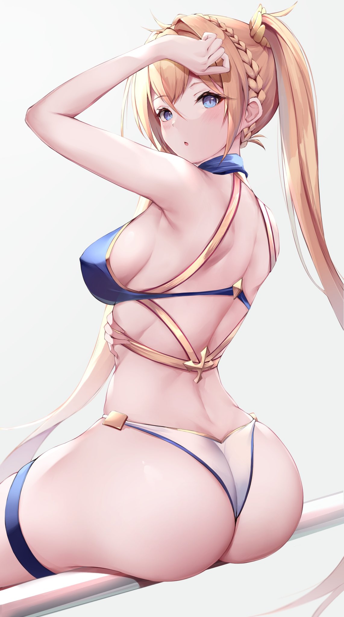 1girl :o arm_up armpits ass back bare_arms bare_shoulders bikini blonde_hair blue_bikini blue_eyes blush bradamante_(fate/grand_order) braid breasts fate/grand_order fate_(series) from_behind hair_intakes highres kisaki_oni long_hair looking_at_viewer looking_back medium_breasts mismatched_bikini parted_lips sideboob simple_background sitting solo swimsuit thigh_strap twintails very_long_hair white_background white_bikini