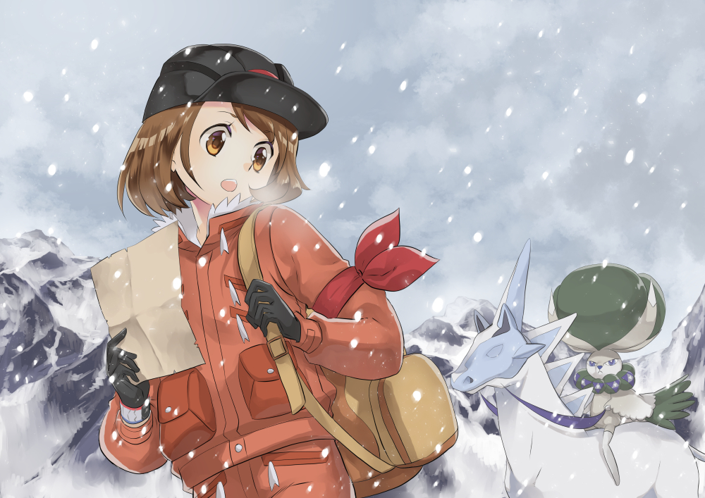 1girl :o armband backpack bag black_gloves black_headwear brown_eyes brown_hair calyrex coat day fur_collar fur_trim gen_8_pokemon glastrier gloria_(pokemon) gloves hat holding holding_paper legendary_pokemon morisawa_machi open_mouth orange_coat orange_pants outdoors paper pocket pokemon pokemon_(creature) pokemon_(game) pokemon_swsh red_armband short_hair snow snowing standing winter_clothes