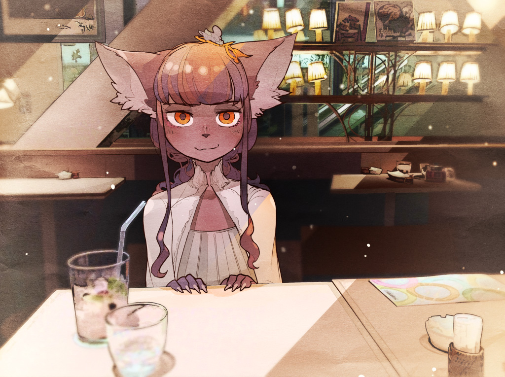 1girl :3 animal_ear_fluff bangs blunt_bangs closed_mouth colored_skin dress fingernails furry hair_ornament kuroi_moyamoya long_fingernails long_hair looking_at_viewer nail_polish noire_kooshe orange_eyes original photo_background pov_across_table purple_fur purple_hair purple_skin sharp_fingernails sidelocks smile solo table white_dress white_nails