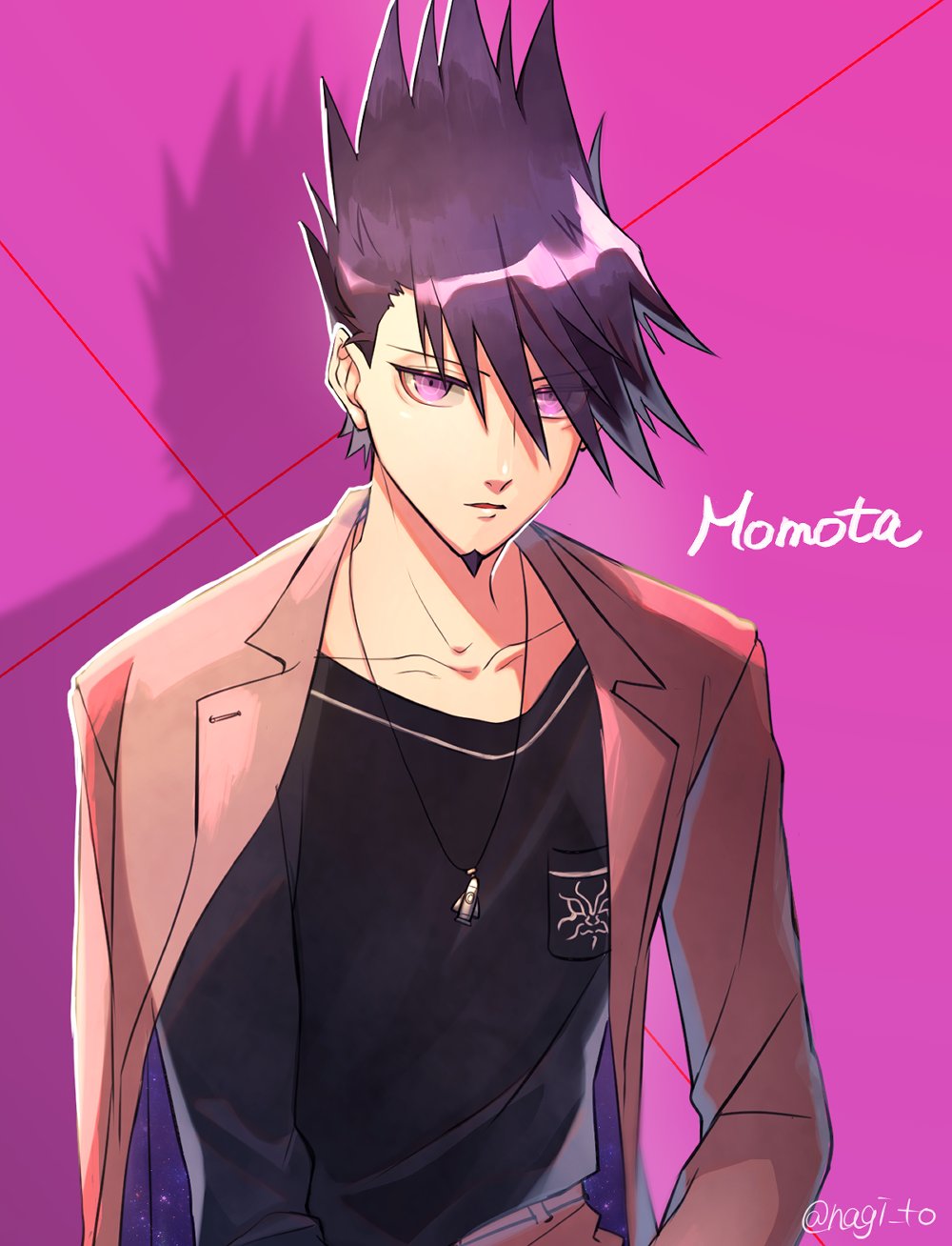 1boy bangs black_shirt black_skirt breast_pocket character_name collarbone commentary_request dangan_ronpa facial_hair highres jacket jacket_on_shoulders jewelry long_sleeves looking_at_viewer male_focus momota_kaito nagi_to_(kennkenn) necklace new_dangan_ronpa_v3 open_clothes open_jacket parted_lips pink_background pocket purple_hair shiny shiny_hair shirt short_hair skirt solo space_print spiky_hair starry_sky_print twitter_username upper_body violet_eyes