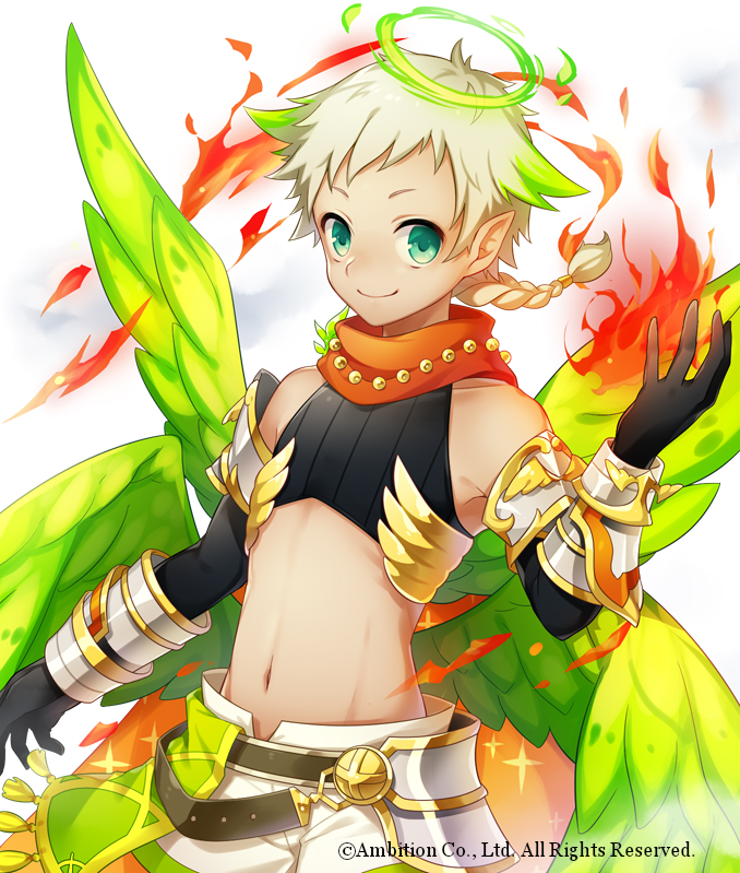 1boy aki_no_jikan black_gloves braid braided_ponytail company_name feathered_wings fire flat_chest gloves green_eyes green_hair green_wings halo male_focus maru-kichi multicolored_hair navel official_art simple_background solo standing streaked_hair two-tone_hair watermark wings