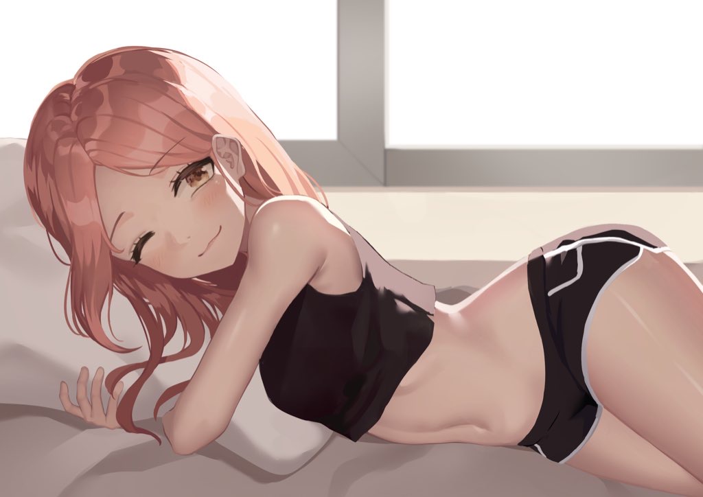 1girl ;3 armpit_crease backlighting bare_arms bare_shoulders bed_sheet black_shirt black_shorts breasts brown_eyes brown_hair crop_top dolphin_shorts indoors long_hair looking_at_viewer luxiel lying midriff navel on_bed on_side one_eye_closed original pillow pillow_hug shirt short_shorts shorts sleeveless sleeveless_shirt small_breasts smile solo stomach thighs window