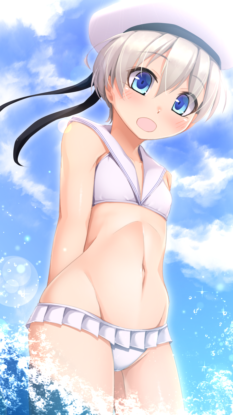 1girl arms_behind_back bikini_skirt blue_eyes blue_sky clouds day gorito hat highres kantai_collection looking_at_viewer microskirt open_mouth outdoors pleated_skirt sailor_bikini sailor_collar sailor_hat short_hair silver_hair skirt sky solo standing white_headwear white_sailor_collar z1_leberecht_maass_(kantai_collection)