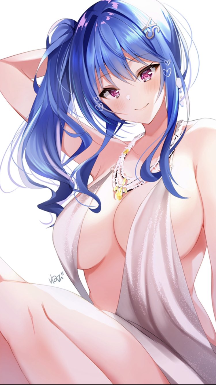 1girl arm_behind_head artist_name azur_lane backless_dress backless_outfit bangs bare_shoulders blue_hair breasts dress evening_gown eyebrows_visible_through_hair hair_ornament hairclip highres jewelry large_breasts long_hair looking_at_viewer necklace nenobi_(nenorium) pink_eyes plunging_neckline side_ponytail sidelocks silver_dress simple_background smile solo st._louis_(azur_lane) st._louis_(luxurious_wheels)_(azur_lane) white_background