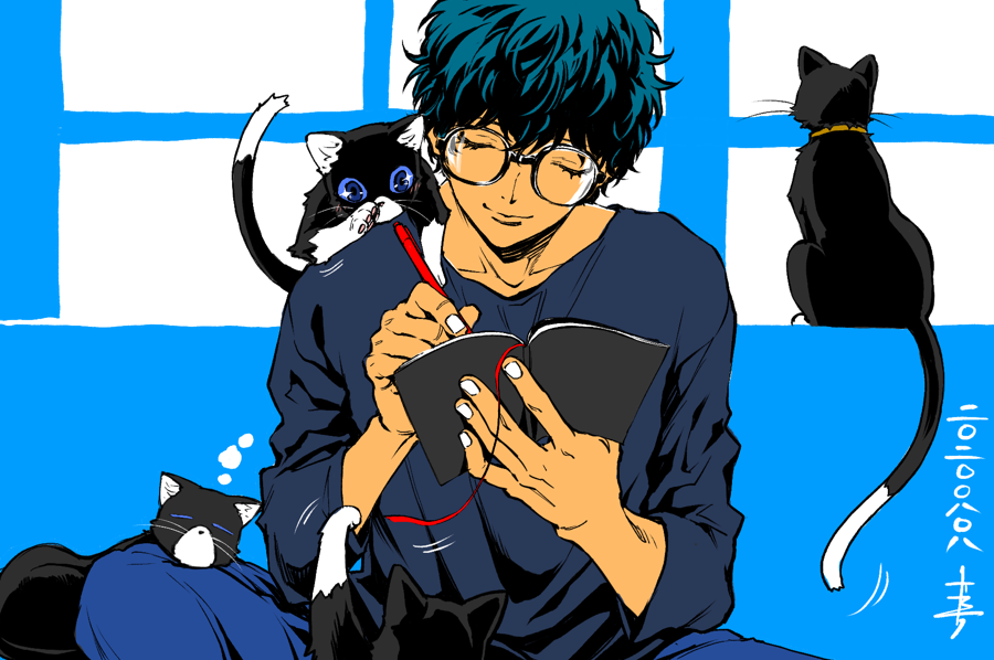 1boy amamiya_ren black_hair blue_background blue_hair book casual cat cat_paw closed_eyes glasses male_focus morgana_(persona_5) multiple_cats pencil persona persona_5 saitou_rokuro solo tail tail_wagging wavy_hair writing