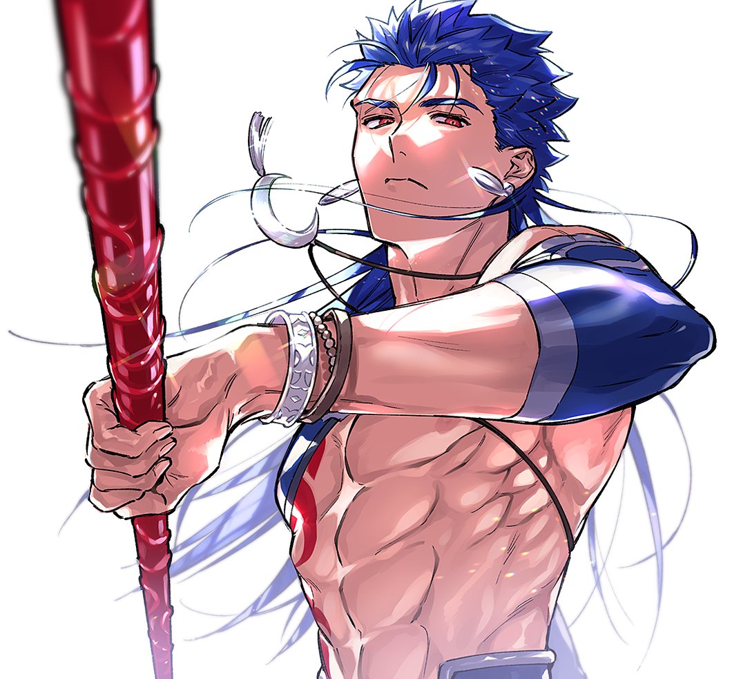 1boy abs blue_hair bodypaint bracelet closed_mouth crescent_necklace cu_chulainn_(fate)_(all) earrings expressionless fate/grand_order fate/stay_night fate_(series) floating_hair foreshortening gae_bolg hair_down holding holding_polearm holding_weapon incoming_attack jewelry lancer long_hair looking_at_viewer male_focus muscle polearm red_eyes shirtless simple_background skin_tight solo spiky_hair strap type-moon uni_(nico02) weapon white_background