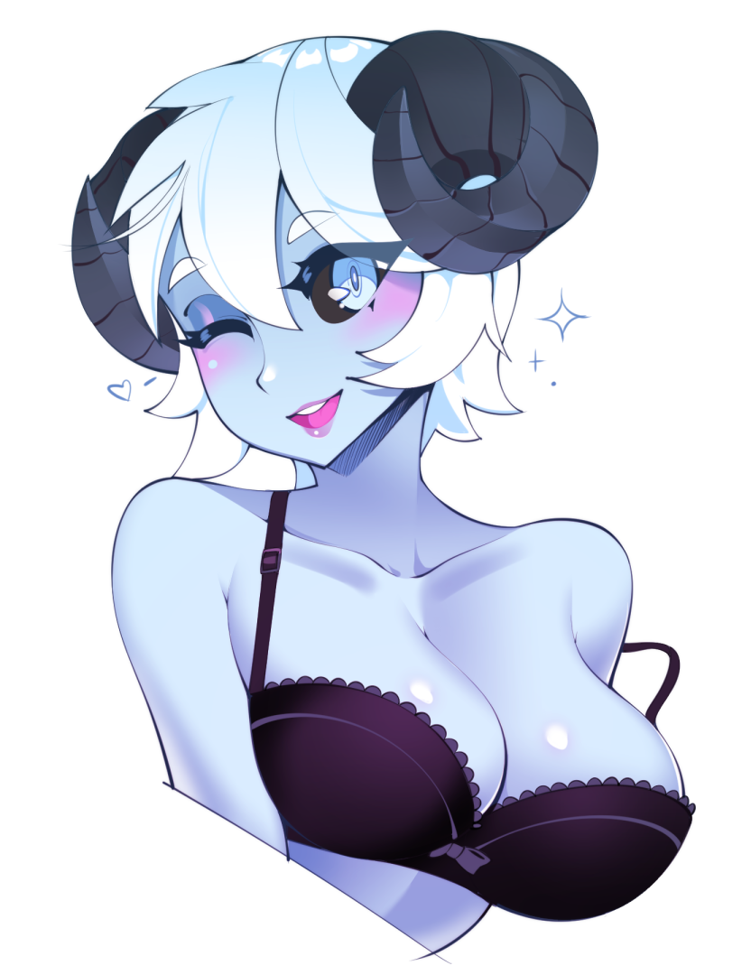 1girl :d black_sclera blue_eyes blue_hair blue_skin blush bra colored_skin commentary commission cropped_torso curled_horns demon_girl demon_horns english_commentary halphelt head_tilt horns lipstick looking_at_viewer makeup one_eye_closed open_mouth original pink_lips pink_lipstick purple_bra short_hair simple_background smile solo sparkle strap_slip underwear underwear_only white_background