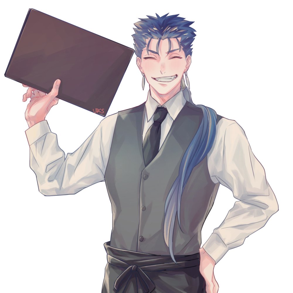 1boy alternate_costume beads blue_hair buttons closed_eyes closed_mouth collared_shirt cu_chulainn_(fate)_(all) earrings fang fate/stay_night fate_(series) grin hair_beads hair_ornament hand_on_hip happy holding jewelry kajijii lancer long_hair long_sleeves male_focus menu necktie ponytail red_eyes shirt simple_background smile solo spiky_hair type-moon vest waiter white_background
