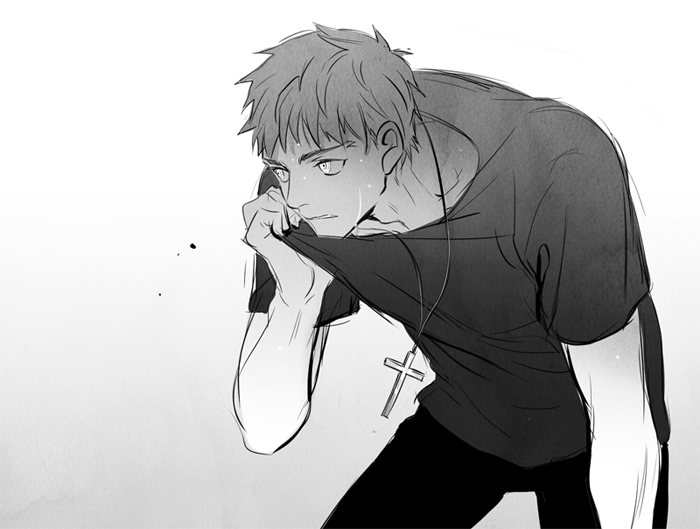 1boy bent_over cross cross_necklace emiya_shirou fate/stay_night fate_(series) greyscale j_(onjj) jewelry kotomine_shirou_(fanfic) looking_to_the_side male_focus monochrome necklace shirt_lift sketch solo upper_body what_if wiping wiping_sweat