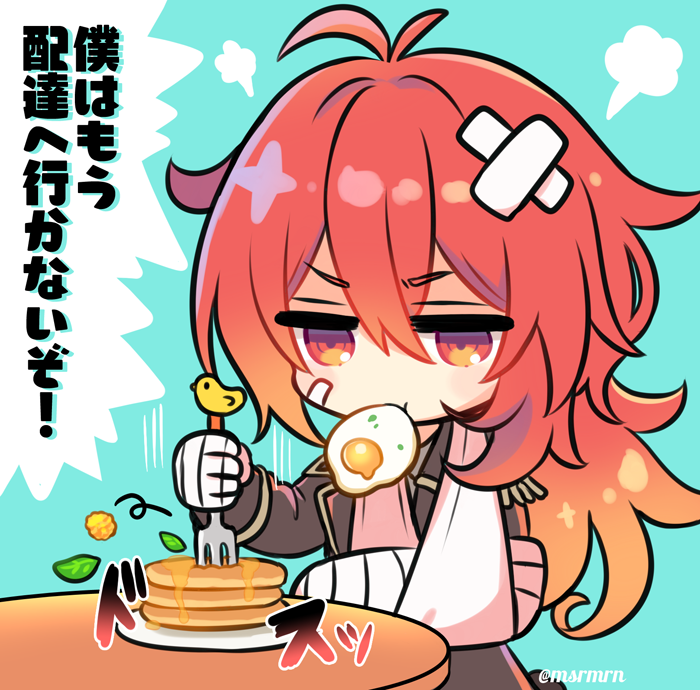1boy antenna_hair arm_sling bandaged_arm bandaged_hands bandages black_jacket blue_background cast commentary_request crossed_bandaids diluc_(genshin_impact) food food_in_mouth fork fried_egg genshin_impact gradient_hair holding holding_fork jacket long_hair male_focus marshmallow_mille mouth_hold multicolored_hair orange_hair pancake plate red_eyes redhead solo stack_of_pancakes table translation_request