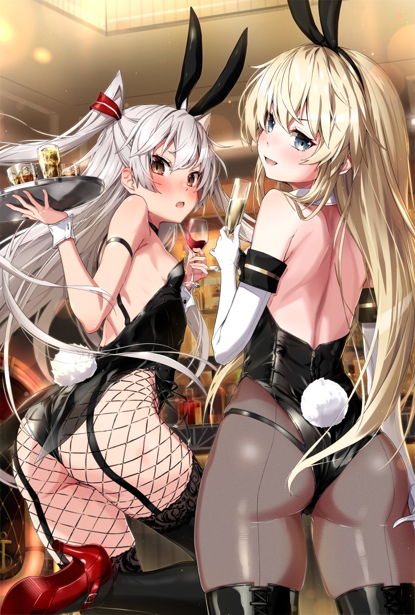 2girls alcohol alternate_costume amatsukaze_(kantai_collection) animal_ears ass back back-seamed_legwear bangs bar bare_back bare_shoulders black_legwear blonde_hair blue_eyes blush bottle breasts brown_eyes brown_legwear bunny_tail champagne champagne_flute cup drinking_glass elbow_gloves eyebrows_visible_through_hair fake_animal_ears fake_tail fishnet_legwear fishnets from_behind garter_straps gloves high_heels highres holding holding_cup holding_tray ice ice_cube indoors kantai_collection leg_up long_hair looking_at_viewer looking_back multiple_girls playboy_bunny rabbit_ears red_footwear seamed_legwear shimakaze_(kantai_collection) silver_hair small_breasts standing standing_on_one_leg tail takanashi_kei_(hitsujikan) thigh-highs tray two_side_up v-shaped_eyebrows very_long_hair whiskey white_gloves wine wine_glass wrist_cuffs