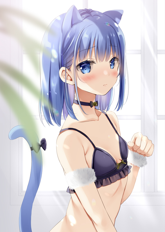 1girl animal_ears armpit_crease bare_arms bare_shoulders black_bra black_choker blue_eyes blue_hair blurry bra breasts cat_ears cat_girl cat_tail choker closed_mouth collarbone depth_of_field extra_ears from_side lingerie long_hair looking_at_viewer natsume_eri original sidelocks small_breasts solo string_bra tail tail_raised underwear underwear_only upper_body