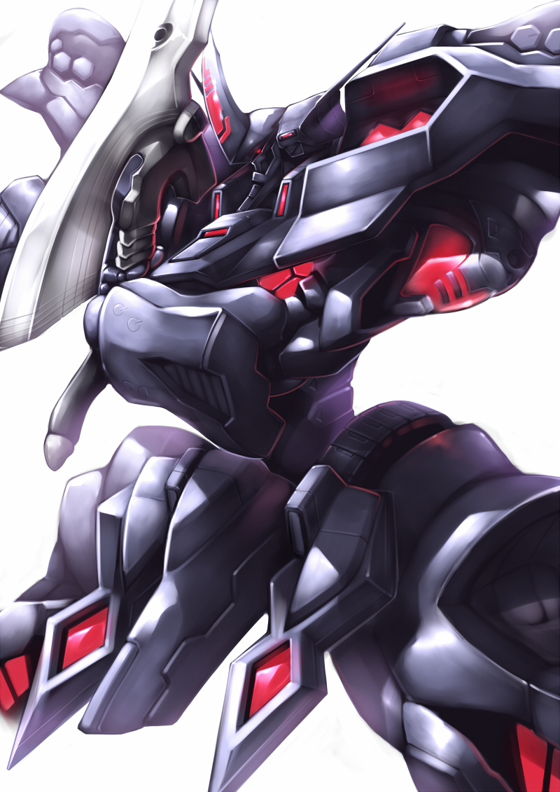 glowing glowing_eye haganef holding holding_sword holding_weapon horns looking_down mecha muvluv muvluv_alternative no_humans red_eyes science_fiction single_horn solo sword takemikazuchi_(muvluv) weapon