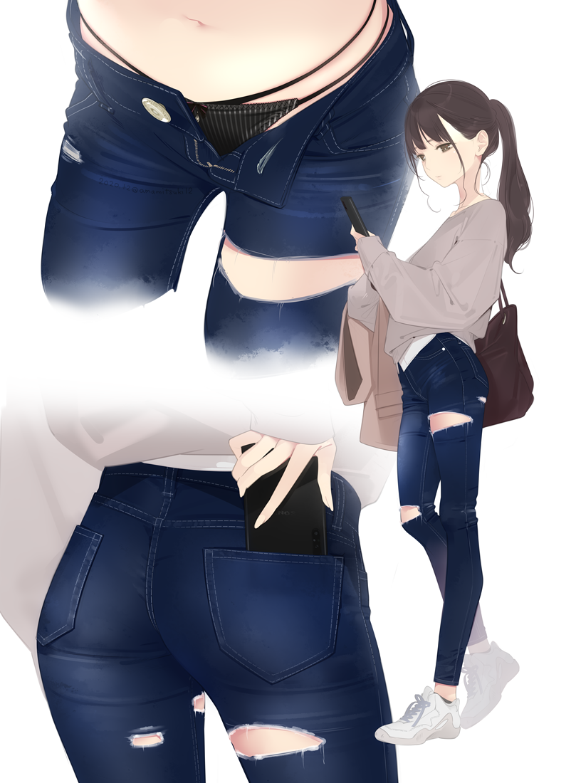 1girl ama_mitsuki ass bangs black_panties blue_pants brown_eyes brown_hair casual cellphone denim holding holding_phone jeans long_hair looking_at_phone multiple_views navel open_fly original panties pants phone ponytail shoes smartphone sneakers solo standing sweater torn_clothes torn_jeans torn_pants underwear