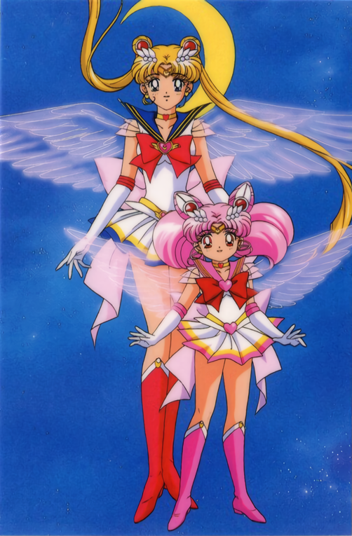 1990s_(style) bangs bishoujo_senshi_sailor_moon blonde_hair blue_eyes boots chibi_usa choker crescent_moon double_bun elbow_gloves eyebrows_visible_through_hair floating_hair gloves heart heart_choker height_difference knee_boots long_hair looking_at_viewer miniskirt moon official_art pink_hair pleated_skirt red_eyes sailor_chibi_moon sailor_moon sailor_senshi skirt sky standing star_(sky) starry_sky tsukino_usagi twintails very_long_hair wings