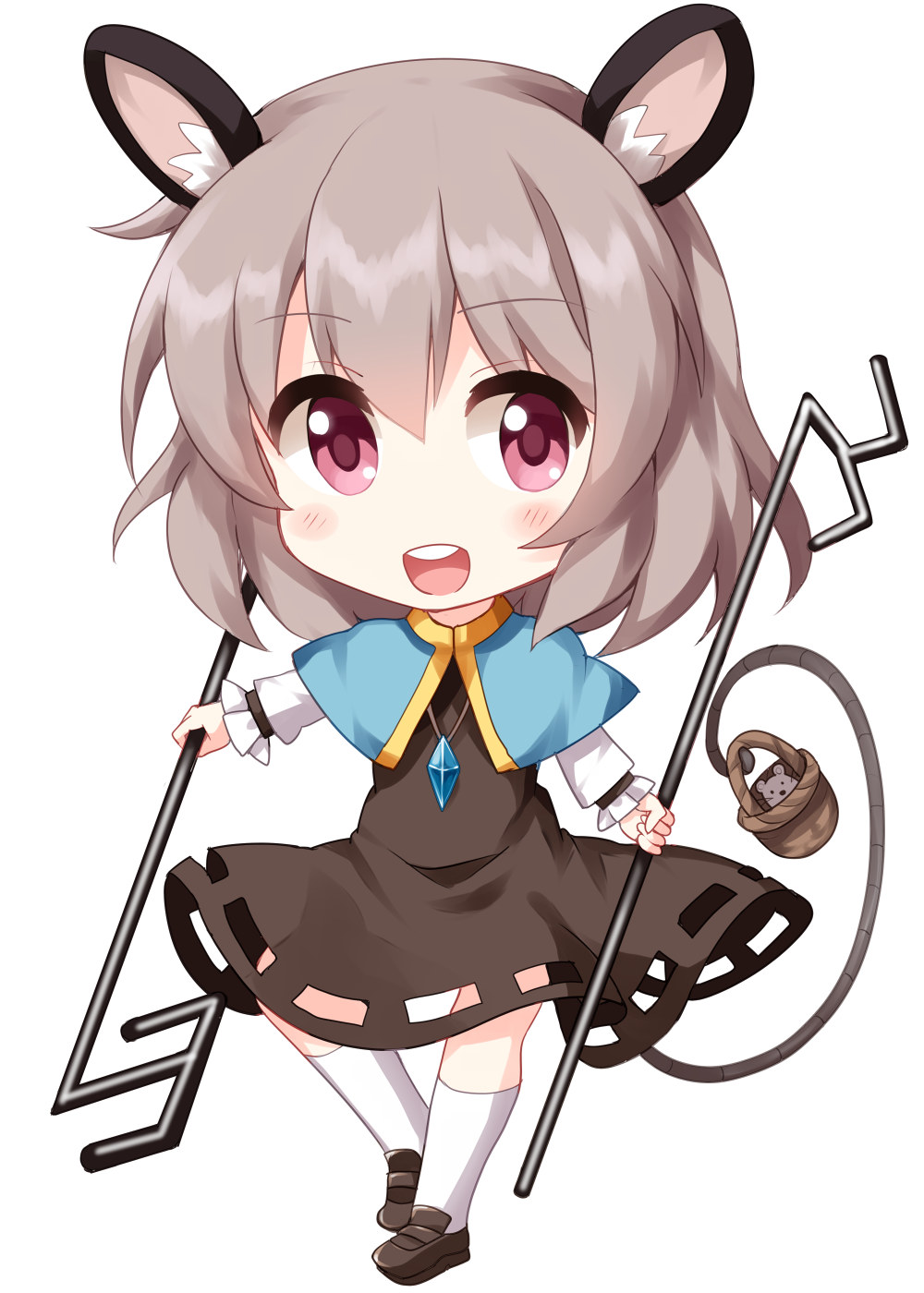 1girl animal_ears bangs basket blue_capelet capelet chibi dowsing_rod dress eyebrows_visible_through_hair full_body grey_dress grey_footwear grey_hair hair_between_eyes highres holding holding_rod jewelry long_sleeves looking_at_viewer medium_hair mouse mouse_ears mouse_tail nazrin open_mouth pendant pink_eyes ruu_(tksymkw) simple_background smile solo standing tail teeth touhou white_background white_legwear