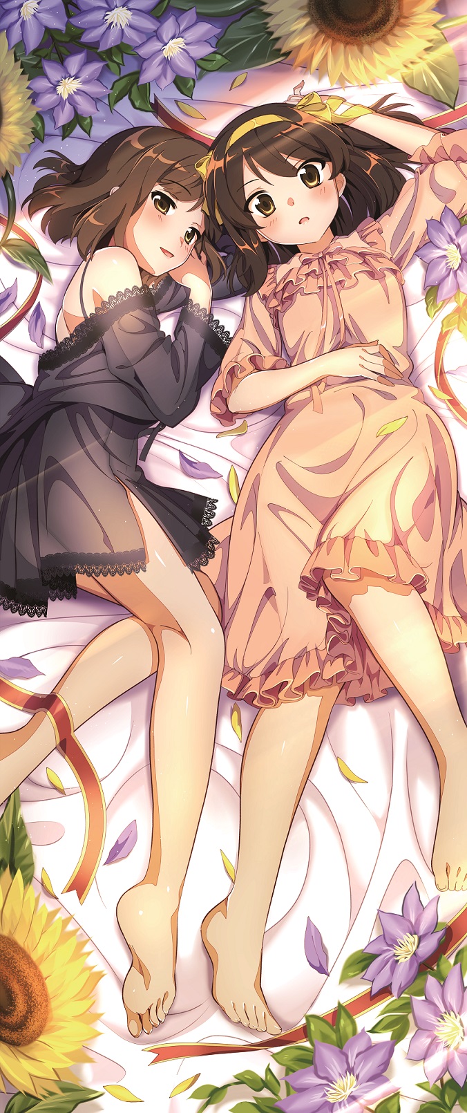 2girls :d arm_up bare_shoulders barefoot blush bow brown_eyes brown_hair commentary_request eyebrows_visible_through_hair flower foot_out_of_frame full_body hair_ribbon hairband highres ichimirenge lingerie looking_at_viewer lying medium_hair multiple_girls negligee nightgown on_back on_side open_mouth petals pink_bow purple_flower ribbon sasaki_(suzumiya_haruhi) second-party_source see-through short_hair smile spaghetti_strap sunflower suzumiya_haruhi suzumiya_haruhi_no_yuuutsu underwear yellow_flower yellow_hairband yellow_ribbon