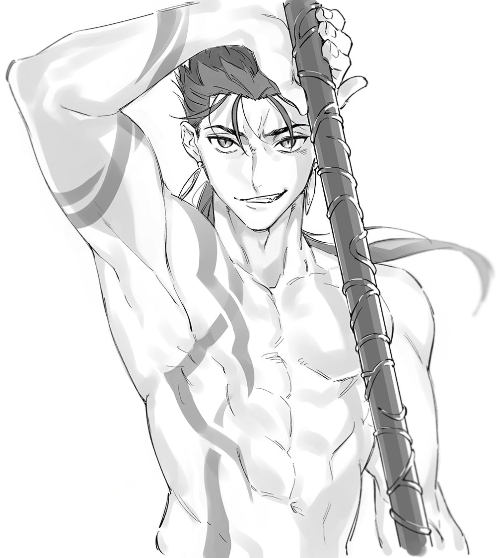 1boy abs arm_up armpits bodypaint closed_mouth cu_chulainn_(fate)_(all) earrings fang fate/stay_night fate_(series) grin holding holding_polearm holding_weapon jewelry lancer long_hair male_focus monochrome muscle navel polearm ponytail shirtless simple_background slit_pupils smile solo spiky_hair type-moon uni_(nico02) weapon white_background