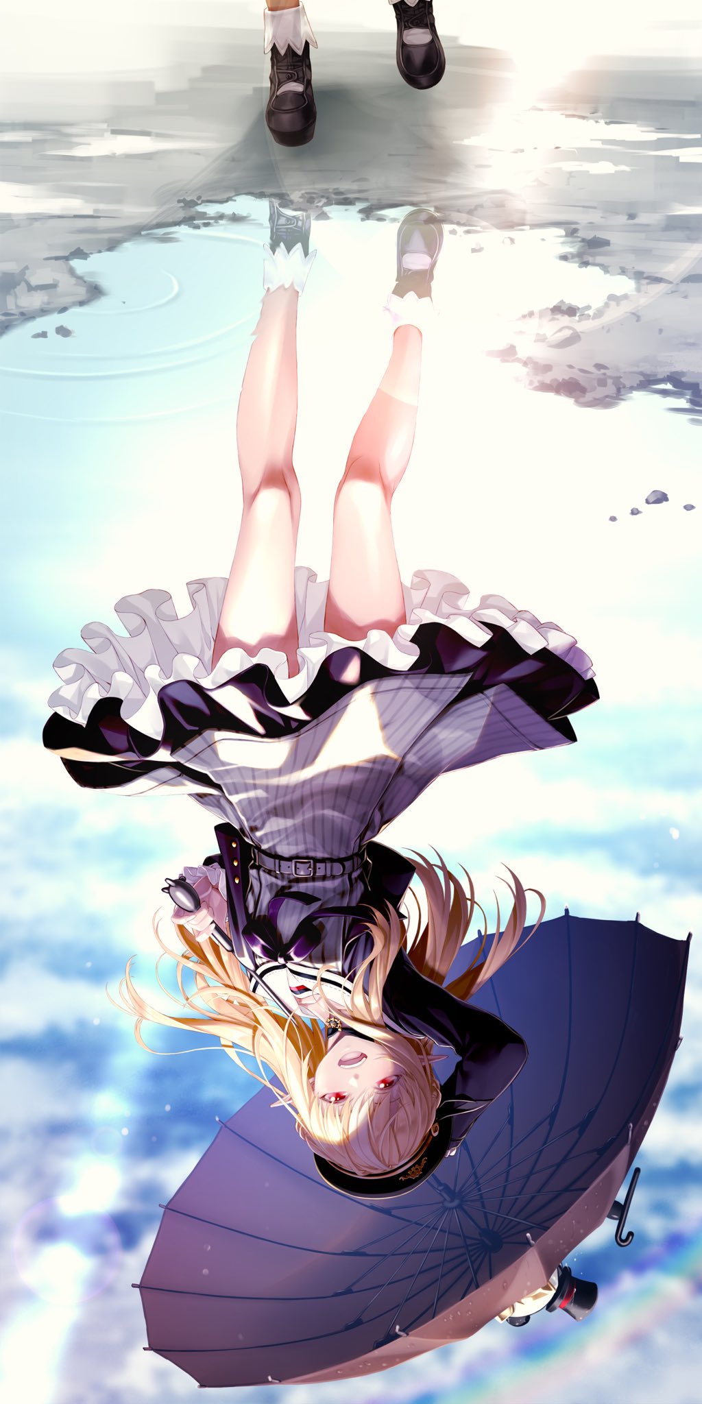 1girl belt beret blonde_hair blue_sky bobby_socks brown_jacket brown_umbrella clouds cloudy_sky cropped_jacket dark_skin dark-skinned_female day diffraction_spikes dress fenrir_(fenlil0316) full_body grey_dress hat highres holding holding_umbrella hololive jacket kintsuba_(shiranui_flare) knees legs long_hair looking_at_viewer multicolored_hair outdoors pointy_ears puddle red_eyes reflection ripples sailor_collar school_uniform shiranui_flare sky smile socks solo streaked_hair striped umbrella vertical-striped_dress vertical_stripes wet_pavement