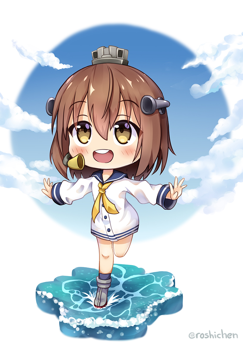 1girl blue_sailor_collar blue_sky brown_eyes brown_hair chibi clouds commentary_request day dress english_commentary headgear headset kantai_collection mixed-language_commentary neckerchief open_mouth outdoors outstretched_arms roshi_chen round_teeth sailor_collar sailor_dress short_hair sky smile solo speaking_tube_headset teeth upper_teeth yellow_neckwear yukikaze_(kantai_collection)