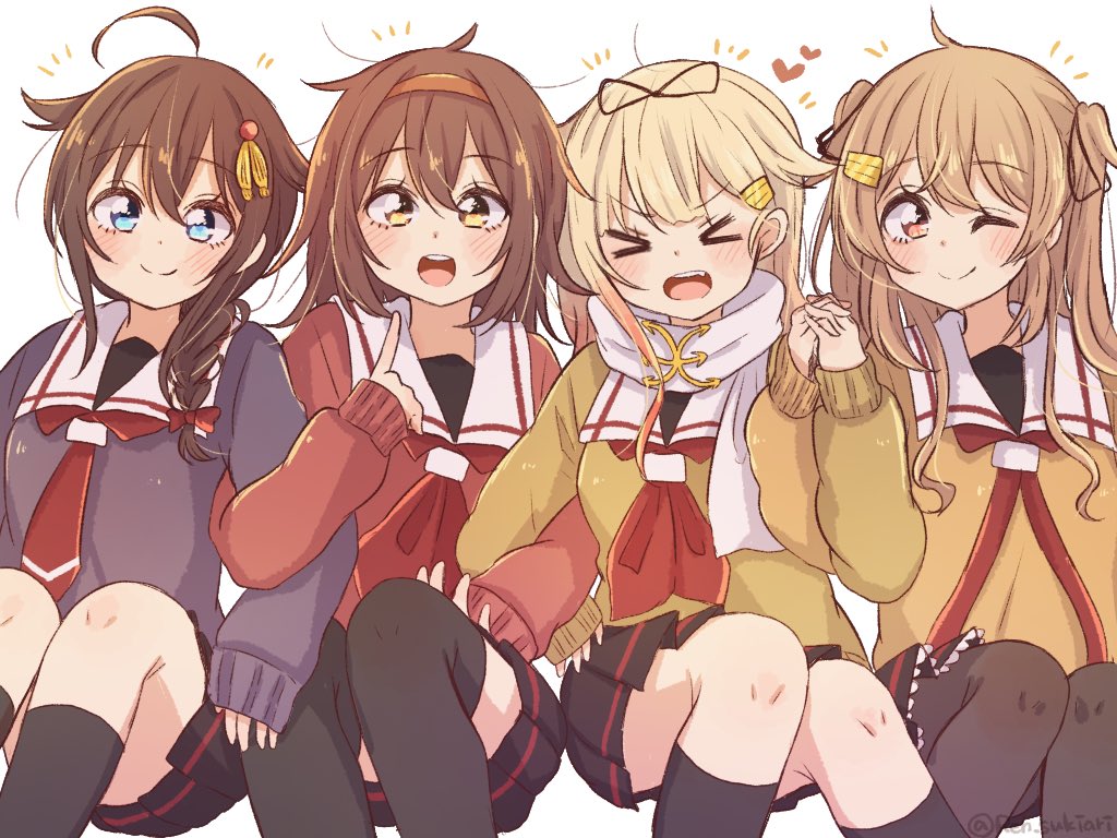 &gt;_&lt; 4girls ahoge beige_sweater black_hair black_legwear black_ribbon black_sweater blonde_hair blue_eyes braid brown_eyes brown_hair hair_flaps hair_ornament hair_over_shoulder hair_ribbon hairband hairclip kantai_collection kneehighs light_brown_hair long_hair multiple_girls murasame_(kantai_collection) one_eye_closed orange_hairband red_eyes red_sweater remodel_(kantai_collection) ren_kun ribbon sailor_collar school_uniform serafuku shigure_(kantai_collection) shiratsuyu_(kantai_collection) simple_background single_braid sitting sweater thigh-highs two_side_up white_background white_sailor_collar yuudachi_(kantai_collection)