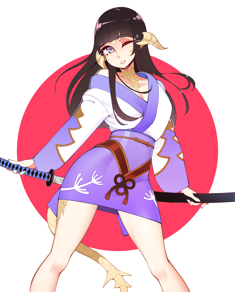 1girl au_ra bangs black_hair blunt_bangs commentary commission contrapposto english_commentary final_fantasy final_fantasy_xiv halphelt head_tilt hime_cut holding holding_sword holding_weapon horns japanese_clothes katana kimono legs_apart long_hair long_sleeves looking_at_viewer one_eye_closed purple_kimono scabbard scales sheath short_kimono smile solo sword unsheathing violet_eyes weapon
